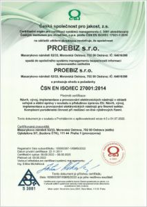 certifikát PROEBIZ ČSN EN ISO 27001 2014-cz