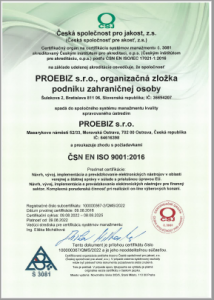 certifikát PROEBIZ ČSN EN ISO 9001 2016-sk